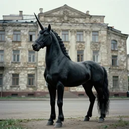 a black unicorn in a Soviet building, film still by David Lynch