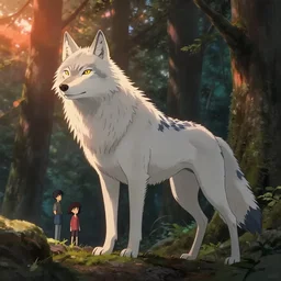 spirit wolf in a forest, 4 k, high detail, dramatic lighting, sunset, hayao miyazaki, masashi ando, nizou yamamoto, kazuo oga, joe hisaishi, yoji takeshige, naoya tanaka