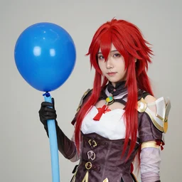 a blue balloon and pool noodle with red hair cosplaying as raiden from metal gear rising : revengeance