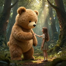 mean fluffy teddybear protecting girl in a forest with rays of light coming through the canopy, masterpiece, dystopian, sci-fi, extremely detailed, digital painting, sculpted in zbrush, artstation, concept art, smooth, sharp focus, illustration, chiaroscuro lighting, golden ratio, incredible art, artgerm, greg rutkowski, alphonse mucha, simon stalenhag, carravaggio