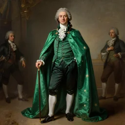 sultan with an emerald cape, stars, sincere, modern maximalist suit, is ( ( holding a cane ) ). light dust, magnificent, hyperdetailed, theatrical, painted by jean honore fragonard and greg rutkowski and joseph christian leyendecker