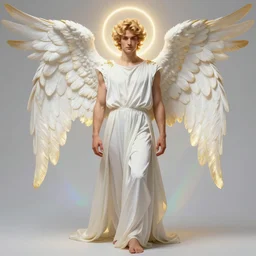 fullbody portrait of a beautiful young fit male angel with curly blond hairs, dressed with long fluent clothes, majestic symmetrical big wings, luminous halo, by greg rutkowski and alphonse mucha, gradient white to gold, in front of an iridescent background, highly detailed portrait, digital painting, artstation, concept art, smooth, sharp focus illustration
