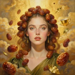 epic painting portrait of beautiful female face supermodel portrait surrounded by levitating sweet dried dates fruits, olive dress, golden tea cup and leaves flying in sky by amy leibowitz, wlop, jeremy lipkin, beeple, intricate, artgerm, ilya kuvshinov, golden clouds background, rim light, light coming from top