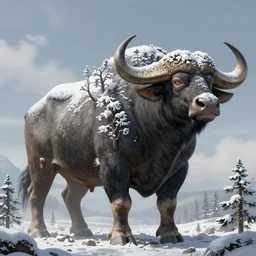 a huge 1 5 meter high titan - buffalo with snow trees on it, fantasy art, d & d art, digital art, concept art, high detailed