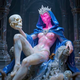 photo of fullbodied baroque and bladerunner delicate neon crystalline sculpture of seductive onyx albino marble prince zayn malik pink iridescent humanoid deity wearing blue plastic hooded cloak holding an glass skull in a onyx alien dungeon, reclining, glowing magenta face, crown of white diamonds, cinematic lighting, photorealistic, octane render 8 k depth of field 3 d