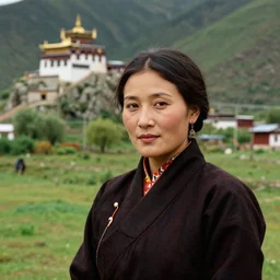 vintage_portrait_photo_of_a_beautiful_beautifully_lit_nepalese_Victorian_woman_in_a_lush_valley_with_a_tibetan_monastery_on_a_rock_in_the_background, realistic detailed face