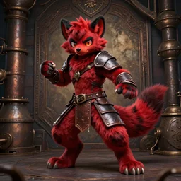 a dashing weasel bandit furry red - and - black fursona animal character { with tail }, leather armor, mid - action pose on a painted elaborate industrial background by peder balke, ue 5, dark industrial fantasy, this fursona has [ a tail! ]
