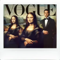 instax of Mona Lisa from Vogue editorial fashion photography, dressed by Givenchy and Salvatore Ferragamo, haute couture painted by Javier Medellin Puyou, still frame of Pan's Labyrinth and Prometheus by Guo Jian and Yue Minjun, in lush metal and porcelain by Andrea Pozzo,