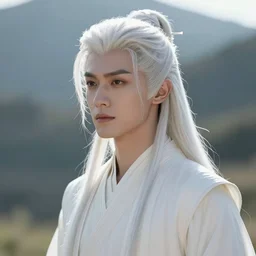 a portrait of a young handsome prince, white fringy hair, epic beautiful landscape, backlit, incredible lighting, strong rim light, subsurface scattering, highly detailed, god rays, digital painting, HDRI, by Heise Jinyao, Heise-Lian Yan Fang, Feimo, Richard Taddei, vivid colors, high contrast, 8k resolution, intricate, photorealistic