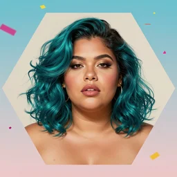 portrait of beautiful dominican woman with dark turquoise hair, confetti in the sky on a hexagon shape, chubby, art by j scott campbell, vfx, sharp details