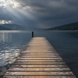 color photograph of a wooden pier on a calm lake,