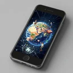 a mobile phone, the screen is getting cracked and broken by a planet which is popping in 4 dimensions, 4 d, detailed and intricate forty five degree isometric cross john berkey and vincent di fate and ralph mcquarrie, maurits cornelis