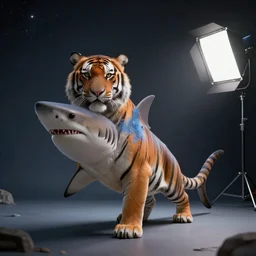 studio photo still of a full body humanoid tiger hybrid shark in a space, 8 k, studio lighting, key light from right side,