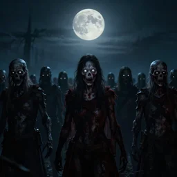 a matte painting of an undead army, glowing eyes, night time, full moon, horror, cinematic scene, dramatic lighting,