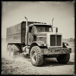 old wetplate daguerreotype portrait tractor trailer truck in mad max : fury road ( 2 0 1 5 ), midday light, dust storm,