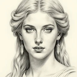 pencil drawing of a beautiful greek goddess aphrodite with arrowhead earrings, beautiful piercing eyes with sexy look, beautiful blonde hair, hyper realistic face, in the style of greg rutkowski, fantasy, amazing detail, epic, elegant, smooth, sharp focus, from the front