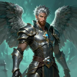 comic book style portrait painting of an aasimar paladin, male, big angel wings on back, silver hair, short brown beard, d & d concept art, unreal 5, daz, teal aesthetic, octane render, cosplay, rpg portrait, dynamic lighting
