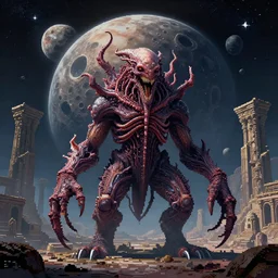 the anatomy of a celestial cosmic lovecraftian horror monster by bruce brenneise and peter mohrbacher, ancient ruins in background, large exoplanet in the sky, alien planet with craters and large structures, 3 d render, neosurrealism. digital concept art, pixel art, rendered in octane, trending on cgsociety, trending on artstation