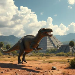 dinosaur walking with the aztecs, pyramids in the background