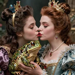 a high-resolution color-chrome extreme closeup portrait photo of a beautiful princess kissing a toad, rococo Queen, sci-fi, high-tech, beautiful low light, style Steve McCurry Octane render 8k