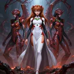 Asuka Langley from evangelion as a high priestess of chaos gods from wh40k. full height portrait of Asuka from eva as priestess corrupted by warp, very very detailed concept art by Greg Rutkowski, James Dean, Ross Tran, ultrarealistic octane render, 8k, rtx on, trending on ArtStation