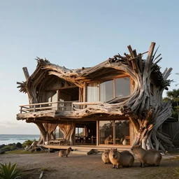 architectural photography of a house made of driftwood, natural and organic and flowing, on the coast, wide angle, shot from a low angle, great lighting, cinematic. inhabited by a family of capybaras.