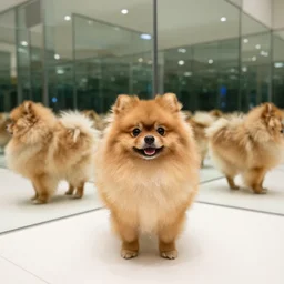 Pomeranian in a hall of mirrors