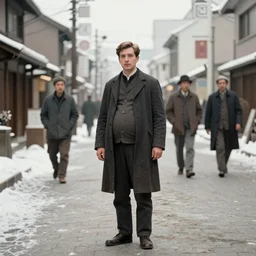 Full-length portrait of a pregnant man on the streets of Tokyo, historically reliable photo chronicle, winter, 1975, ultra detailed digital art, octane render, 4K, by John William Waterhouse and Edwin Longsden Long and Theodore Ralli and Nasreddine Dinet