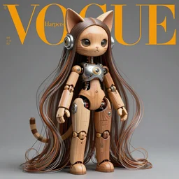 a cat and a beautiful jointed wooden art doll, super dollfie, biopunk, solarpunk, mecha, feminine curves, wires, long flowing hair, surreal, dan mumford, beeple, fashion magazine, vogue, harper's bazaar art, id magazine, intricate, 8 k render in octane, sharp focus