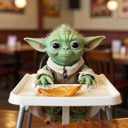 yoda sitting in a high chair at the restaurant outback, bloomin onion on the table, 3 5 mm, f / 2. 8