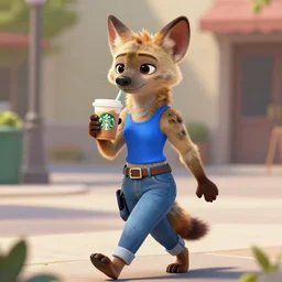 a digital artwork of a furry female anthro hyena in the style of Zootopia, wearing a blue tank top and denim jeans and enjoying a starbucks coffee while walking down the street, furaffinity,
