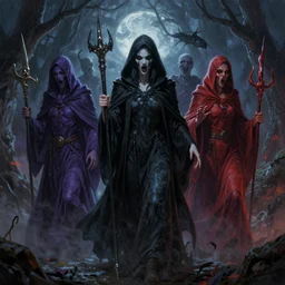 The night of the 5 murderous sorcerers. Fantasy and concept art, colorful digital painting , horror scene, highly detailded