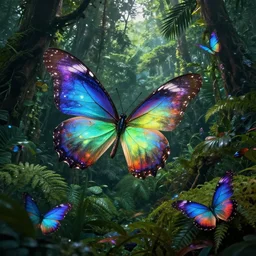 realistic dreamy story of colorful glowing butterfly in the jungle, highly detailed, concept art, cinematic lightening, wide angle shot, in the style of greg rutwoski