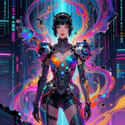 cyber girl werings futuristic fashion behind a wall of matrix, cyberpunk in synthwave aesthetic, sci - fi, illustration by atey ghailan, by greg rutkowski, by greg tocchini, by james gilleard, by joe gb fenton, symmetrical features, royally decorated, organic, whirling gasses, colorful torn nebulas, radiant vibrant colors