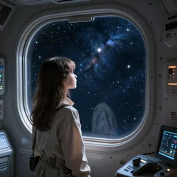 a girl looking out at the stars and universe from inside her spaceship, 8k photography
