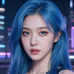 a gorgeous korean girl with blue hair, photo, cyberpunk night city background professionally retouched, soft lighting, feather hair, realistic, smooth face, perfect eyes, wide angle, sharp focus on eyes, 8 k high definition, insanely detailed, intricate, elegant, art by artgerm and greg rutkowski and j scott campbell