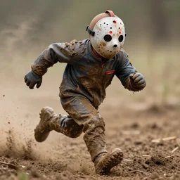 action photography, long shot, award winning macro photo of an ultra detailed muddy jason voorhees running very fast on mud, dirt and dust, fast shutter speed, motion blur, tiny gaussian blur, highly detailed, highly intricate, depth of field, national geographic