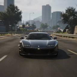 a car driving down a road with a city in the background, a screenshot, featured on cg society, playstation 5 screenshot