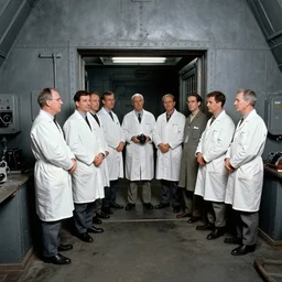 an image of a group of scientist standing next to a portal in the middle of a grey metal chamber, taken on a ww2 camera.