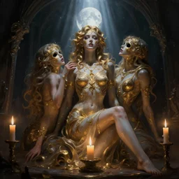 ariadne, desire and duality, masterpiece close to a candle in dark room,  cinematic, powerful, moon beams dramatic light, highly, intricate gold elements, hollow souls, detailed, digital painting, artstation, concept art, sharp focus, graphlex, dof, illustration, art by Irakli Nadar, Timofey Stepanov, Dreamy vibe
