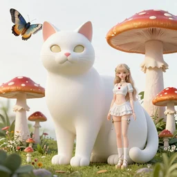 a giant cat and a beautiful super dollfie, bjd, biopunk, solarpunk, feminine curves, giant mushrooms, fly agaric, giant moths, plants, surreal, dan mumford, beeple, artgerm, dan witz, fashion magazine, vogue, harper's bazaar art, id magazine, intricate, 8 k render in octane, sharp focus