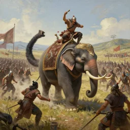 matte painting of a beautiful batttlefield of tai ethnic group versus mongol empire, a tai ethnic warlords ride an asian war elephant with emotional movement in the center of the battlefield, fighting on an elephant's back, digital art trending on artstation, elegant, loin cloth, highly detailed, oil painting, artstation, concept art, matte, sharp focus, motion blur, illustration, hearthstone, art by earl norem