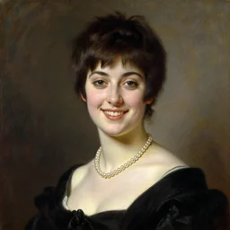 a bust portrait of a beautiful and young english noblewoman with short dark brown hair smiling with a beautiful black dress and pearl necklace, art by philip de laszlo, oil painting, 1 9 2 5, oil on canvas, smooth, highly detailed, sharp, beautiful face