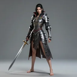 full body portrait of a barefoot vampire swordswoman wearing heavy armor two - handed sword, lithe, athletic, absurdly beautiful, detailed, anatomically accurate, guweiz, z. w. gu on artstation, 4 k.
