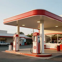 a beautiful luxurious gas station, retro and 1 9 8 0 s style, beautiful architecture