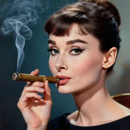 closeup portrait of audrey hepburn as holly golightly smoking cigar in the film breakfast at tiffany's ( 1 9 6 1 ), evening, highly detailed, ultrarealistic oil painting, vladimir volegov, artstation