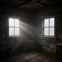 a room inside an old wooden cabin darkness with fog and volumetric light coming in from the windows.
