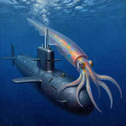 a realistic detailed painting of a submarine exploring the deep blue sea with a giant squid by Manuel Sanjulian, Art Nouveau, trending on Artstation, rich deep vibrant colors