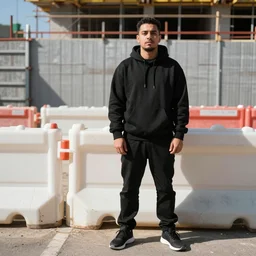 photo of a dabbing man, in black hoodie and black pants, broad daylight in front of construction site barier wall