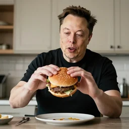 elon musk fliipping a hamburger in a kitchen